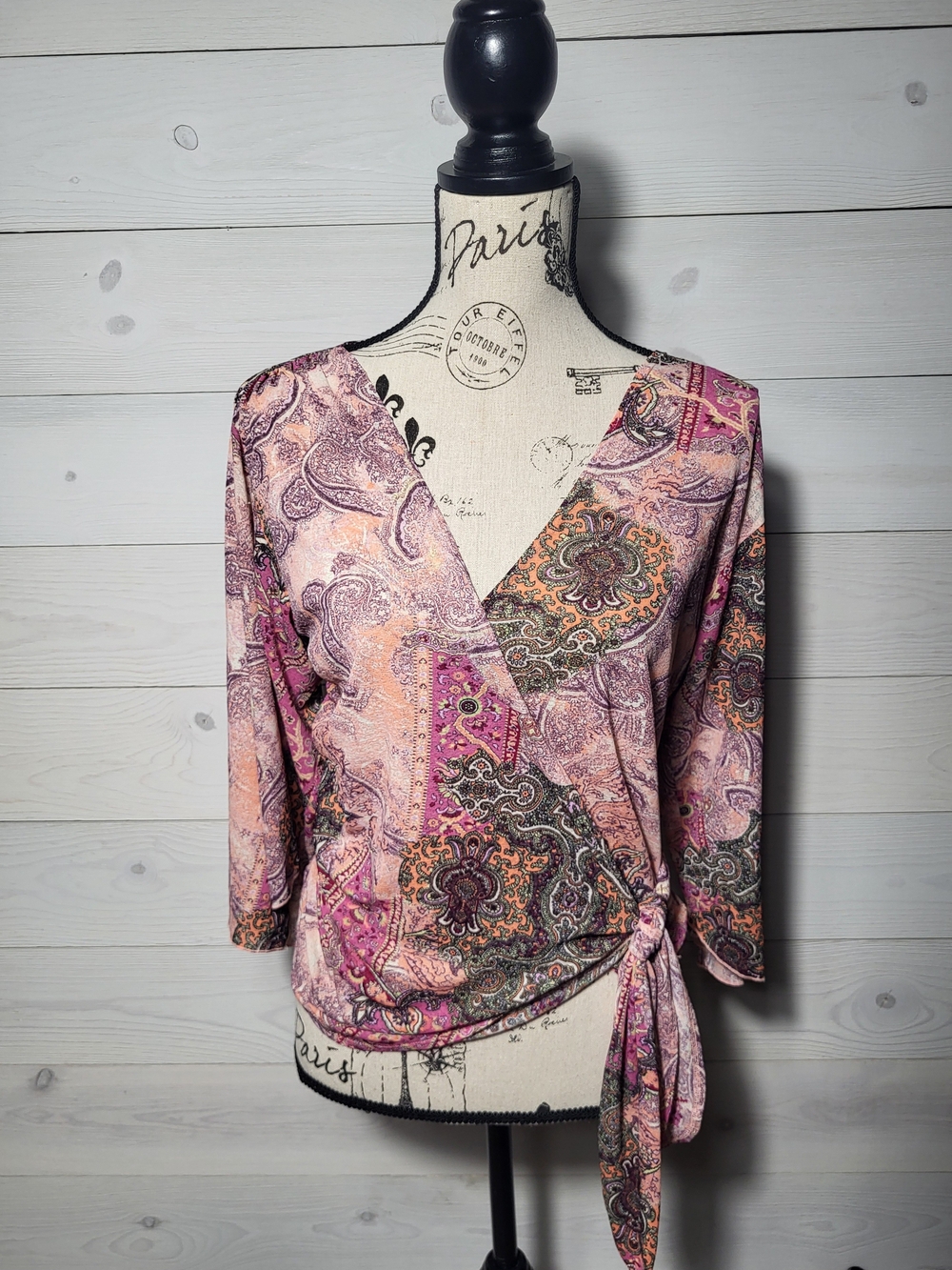 Karen Kane Top Paisley Wrap Bell Sleeve Colorful BOHO Y2K Fairycore.